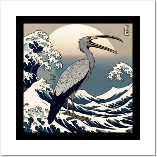 Vintage Shoebill Stork in the Great Wave Off Kanagawa Posters and Art
